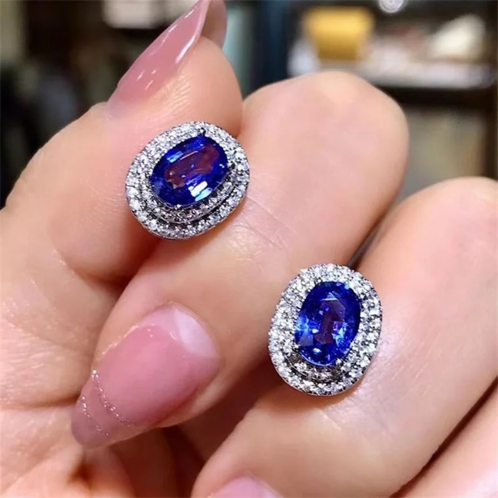 New Women’s 925 Silver Oval Cut Blue Sapphire Earrings - Picture 3 of 6